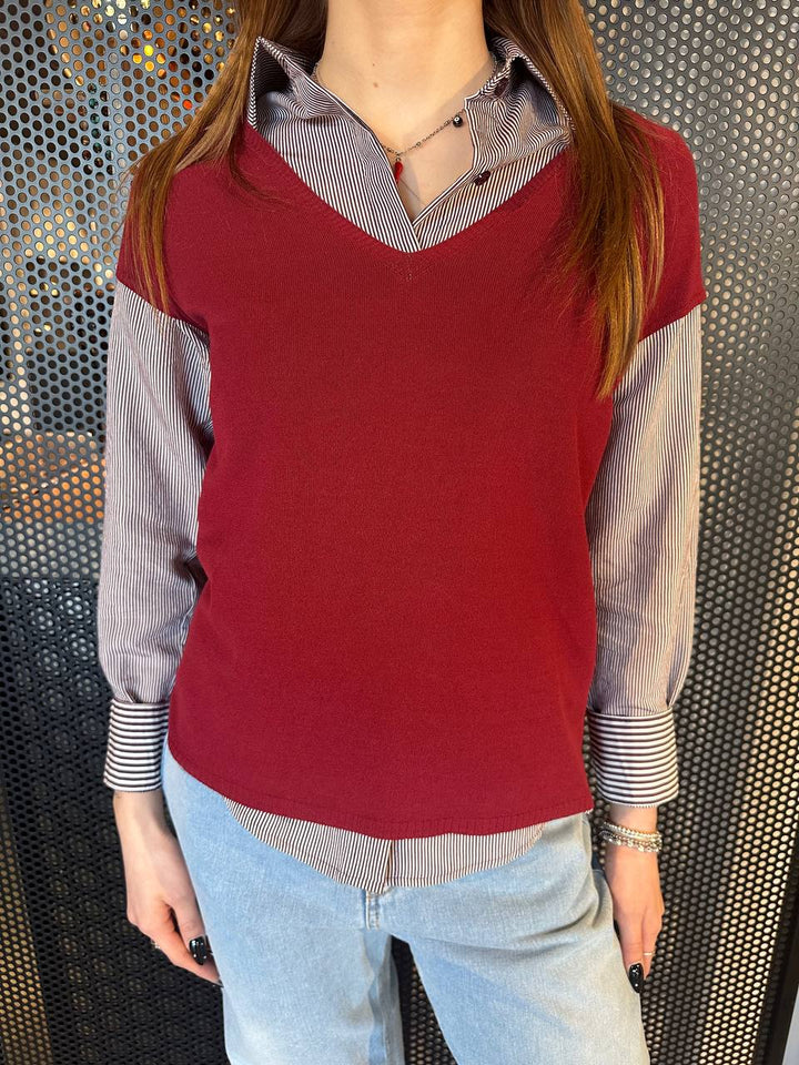 Kontatto Women's Sweater 3M0527C, V-Neck Model, Short Sleeve, Bordeaux