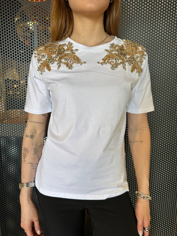 Claws T-shirt Women ACTS002413 White, Gold Stone Applications
