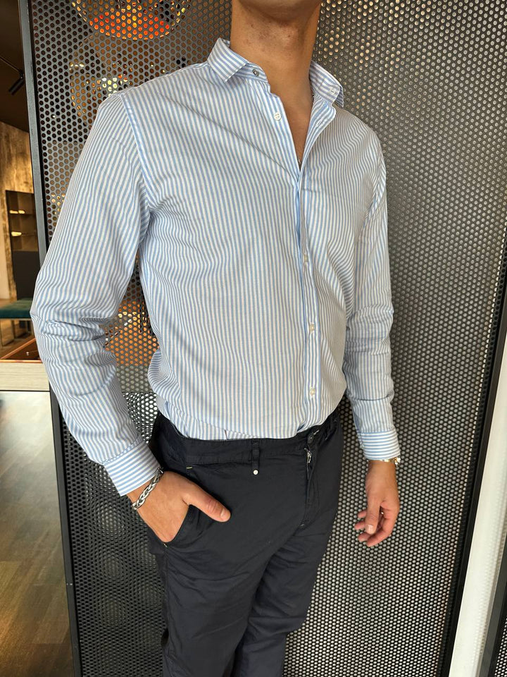 BL11 Camicia Uomo 42340512 Bianco, Righe Azzurre