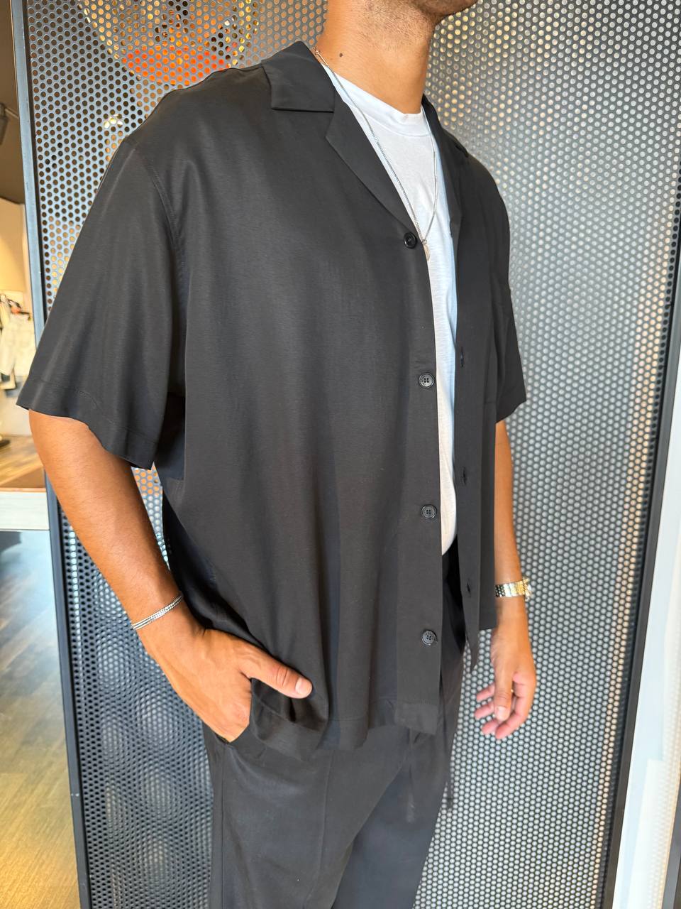 I'M BRIAN Camicia Uomo CA3297 Nero, Manica Corta Con Taschino, Over