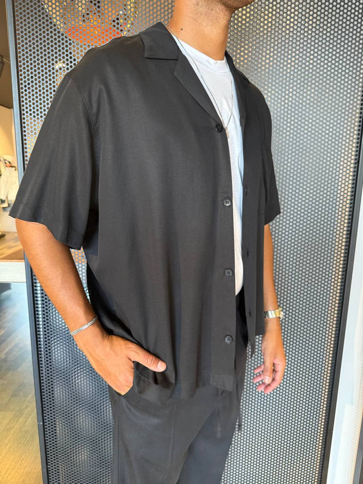 I'M BRIAN Camicia Uomo CA3297 Nero, Manica Corta Con Taschino, Over