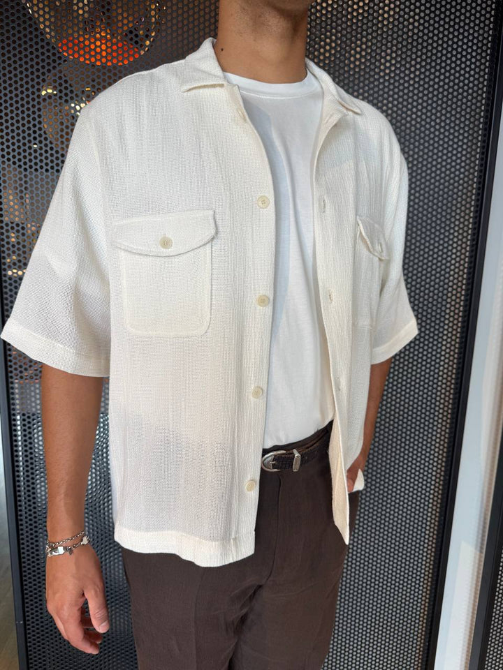 I'M BRIAN Camicia Uomo CA3281 Panna, Manica Corta, Over