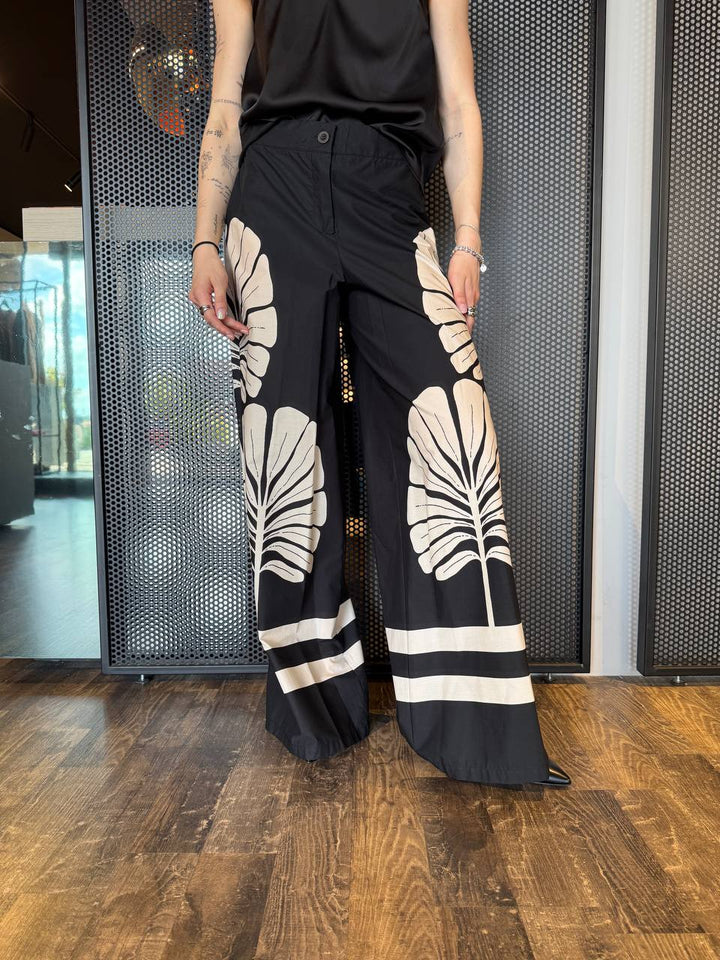 Dixie Pantaloni Donna PDISWCNA Stampa Foglie, Nero E Panna