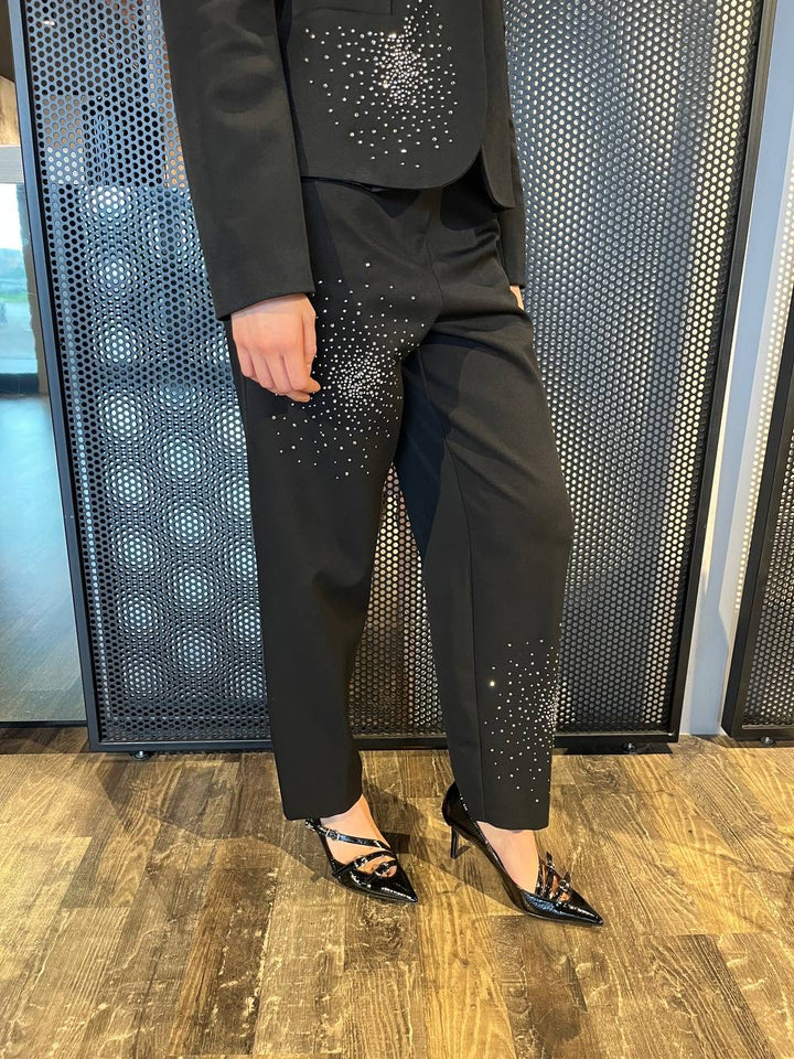 Kontatto Pantaloni Donna MA2038F, Vita Alta, Strass, Nero