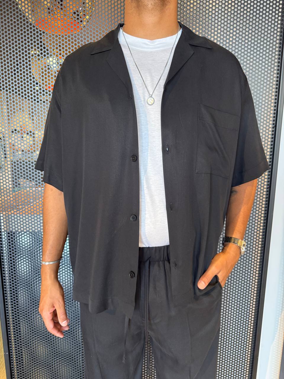 I'M BRIAN Camicia Uomo CA3297 Nero, Manica Corta Con Taschino, Over