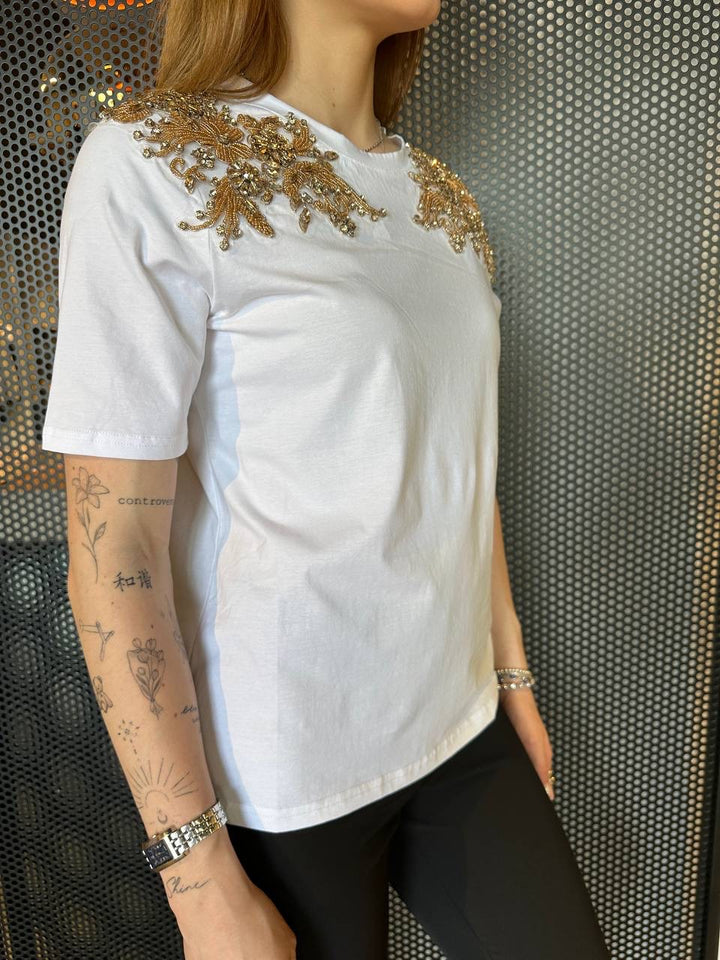 Claws T-shirt Women ACTS002413 White, Gold Stone Applications