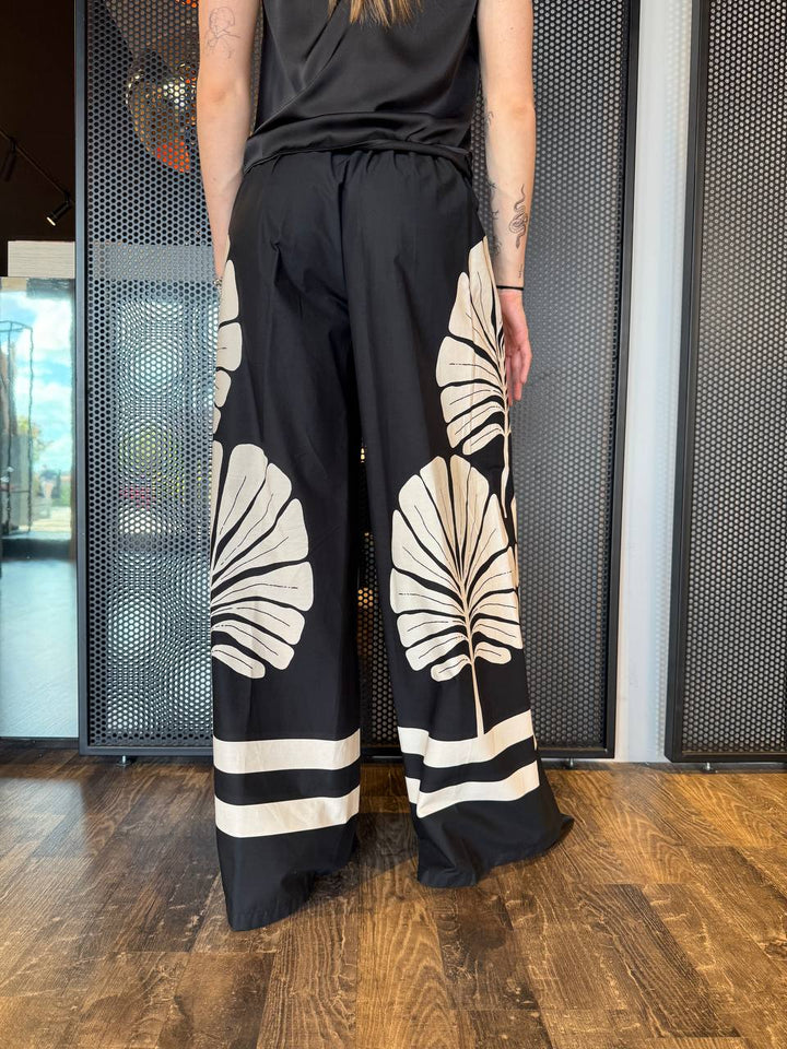 Dixie Pantaloni Donna PDISWCNA Stampa Foglie, Nero E Panna