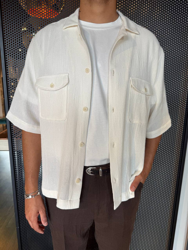 I'M BRIAN Camicia Uomo CA3281 Panna, Manica Corta, Over