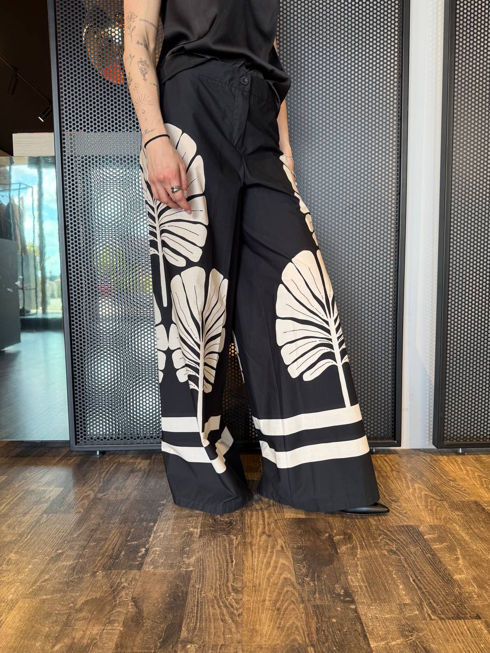 Dixie Pantaloni Donna PDISWCNA Stampa Foglie, Nero E Panna
