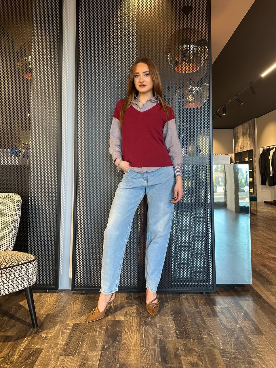 Kontatto, Women's Shirt, YM1006C, White with Burgundy Stripes