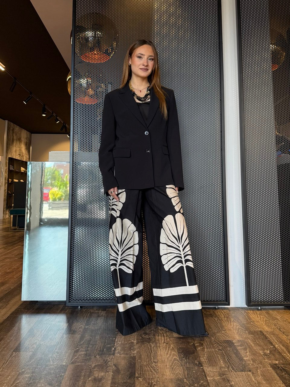 Dixie Pantaloni Donna PDISWCNA Stampa Foglie, Nero E Panna