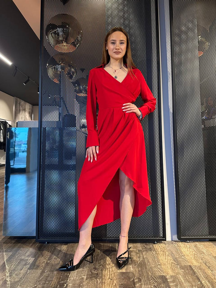 KONTATTO, Abito Donna, YM903C, Modello Incrociato, Collo Camicia, Rosso