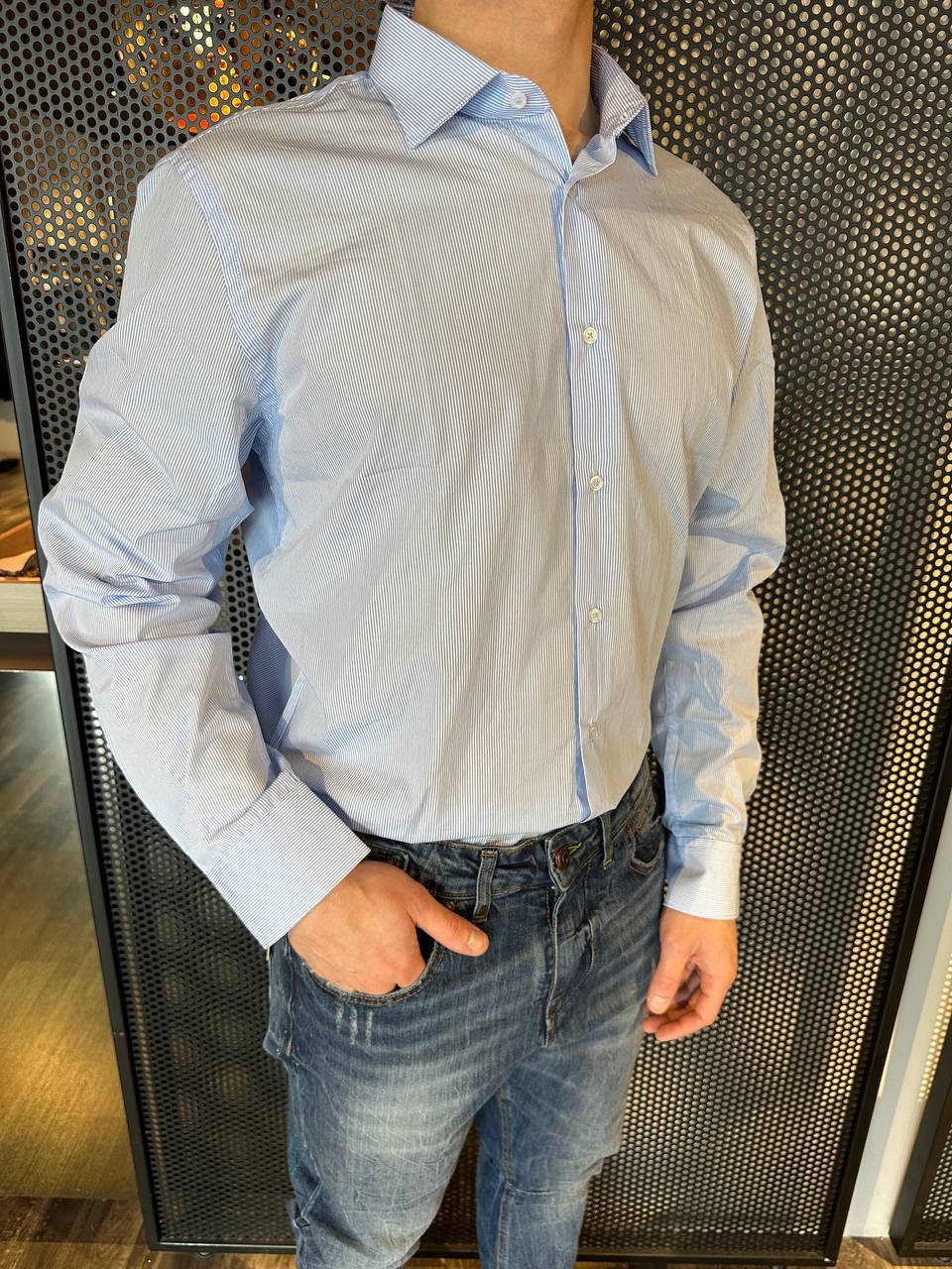 BL11 Camicia Uomo, Microriga, Cotone, Bianco