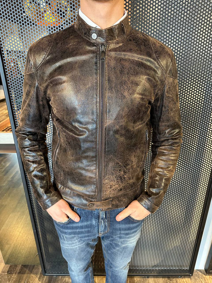BL11 Giacca Uomo, Modello Biker, Ecopelle, Moro