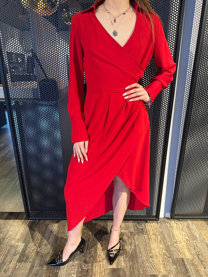 KONTATTO, Abito Donna, YM903C, Modello Incrociato, Collo Camicia, Rosso