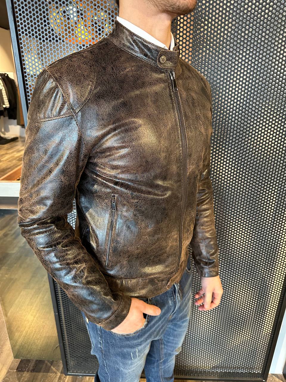BL11 Giacca Uomo, Modello Biker, Ecopelle, Moro